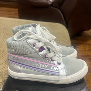 DKNY girl sneakers. Gray, purple and white. Size 12. Good condition.